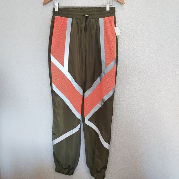 NEW Army Green Nylon Jogger Pants w/ Orange & Silver Block Size S - Picture 2 of 11